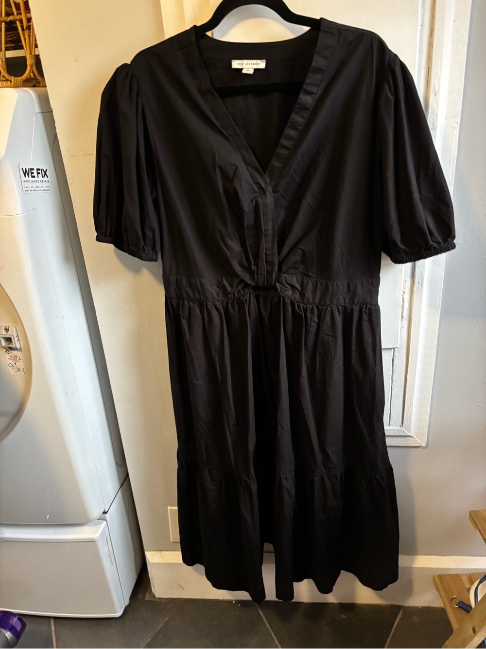 Classic Black V-Neck Midi Dress with Puff Sleeves